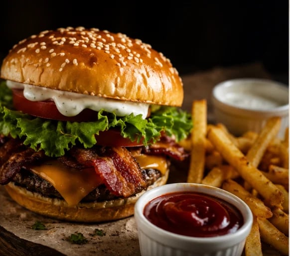 Gourmet bacon cheeseburger with sesame seed bun, tomato, lettuce, and crispy fries served with ketchup and mayo on wooden board