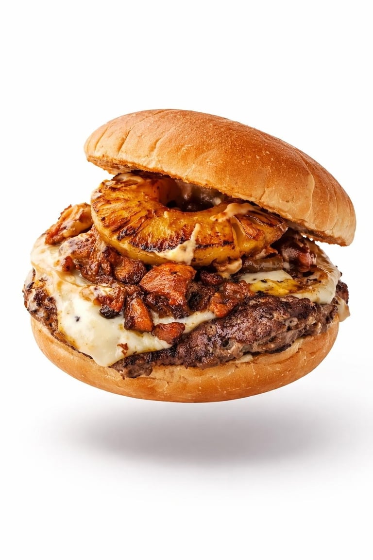 Gourmet cheeseburger with crispy bacon, caramelized pineapple rings, and melted cheese on a toasted bun