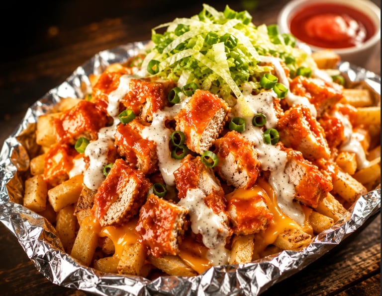 Loaded crispy waffle fries topped with bacon, cheese, green onions, and sauce on a foil container