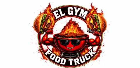 El Gym Food Truck logo featuring a cartoon chili pepper character with sunglasses flexing muscles surrounded by flames