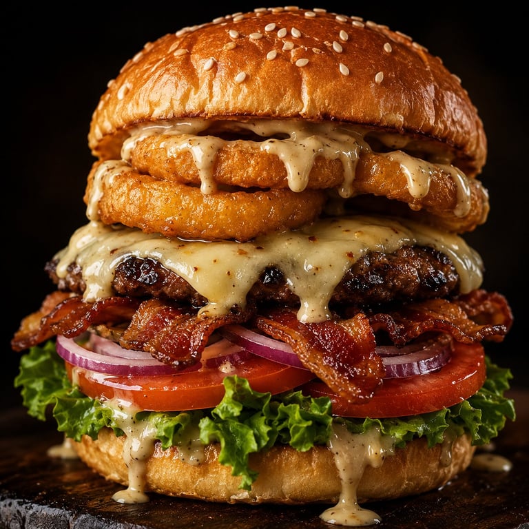 Towering gourmet burger with sesame seed bun, fried chicken patties, beef patty, melted cheese, bacon, red onion, tomato, and lettuce on dark background
