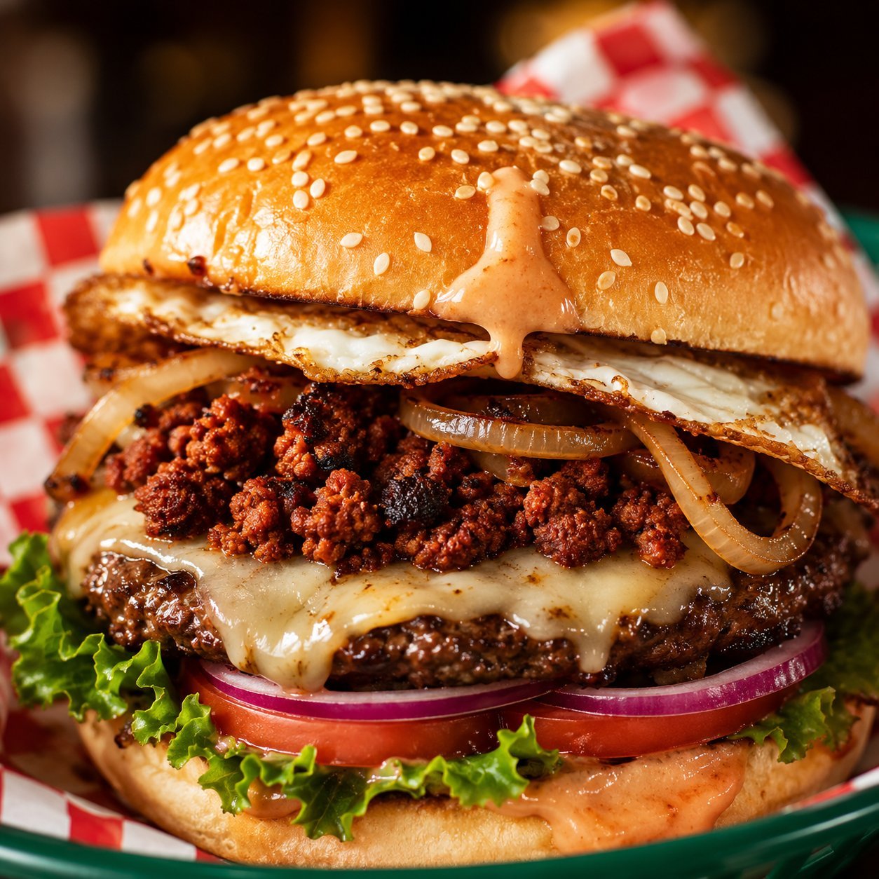 Stacked gourmet burger with sesame seed bun, crispy onion strings, melted cheese, spiced meat, lettuce and tomato on checkered paper