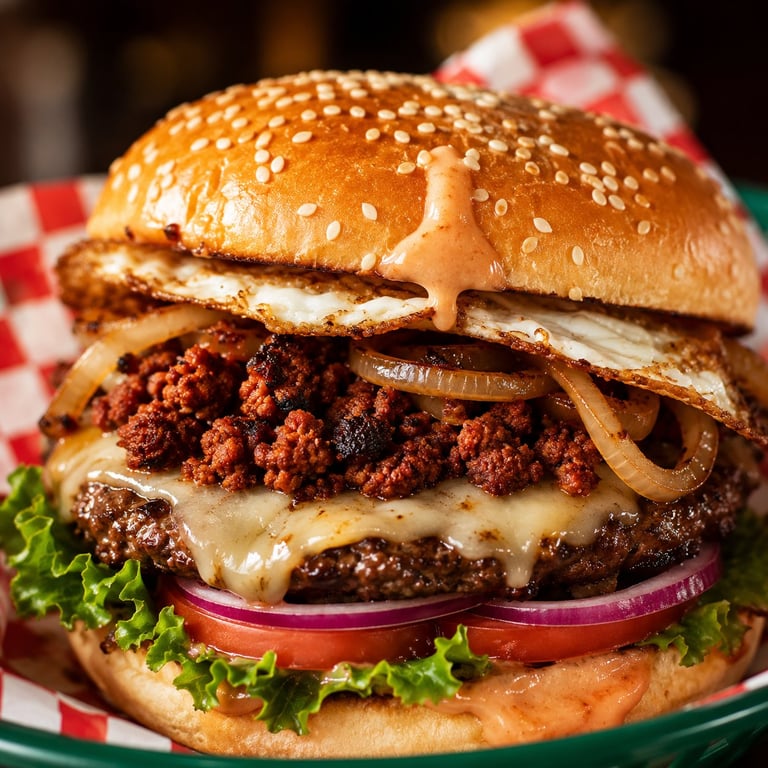 Stacked gourmet burger with sesame seed bun, crispy onion strings, melted cheese, spiced meat, lettuce and tomato on checkered paper