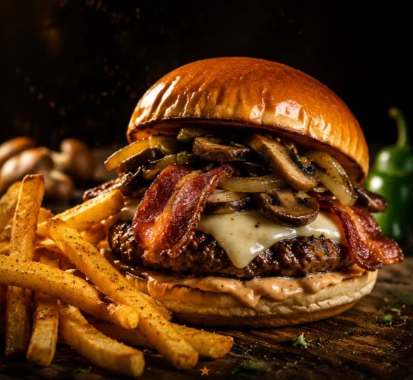 Gourmet burger with crispy bacon, melted cheese, and caramelized onions on a toasted bun, served with golden fries on a dark surface.